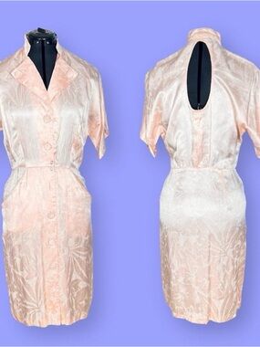 1980s Peach Satin Jacquard Midi Dress